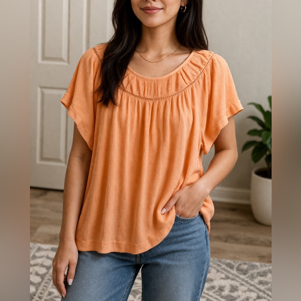 LOFT Soft Orange Flowy Blouse | Pleated Neck | Lightweight Rayon Top Size M